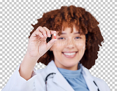 Buy stock photo Doctor, medicine or pill in hand of woman isolated on transparent, png background for health. Healthcare, pharmaceutical and african female medical worker show tablet for wellness, treatment or cure