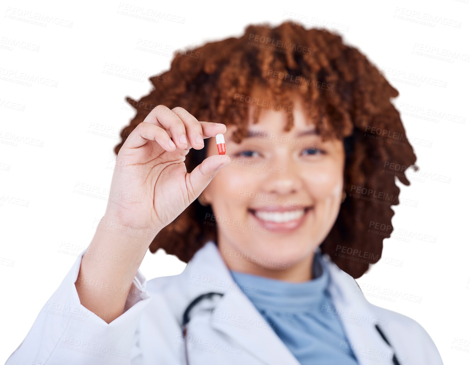 Buy stock photo Doctor, medicine or pill in hand of woman isolated on transparent, png background for health. Healthcare, pharmaceutical and african female medical worker show tablet for wellness, treatment or cure