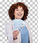 Fan, cash and woman portrait isolated on a white background for