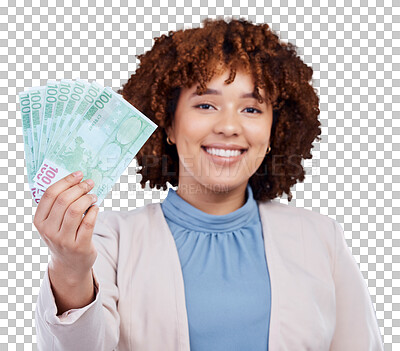 Buy stock photo Money fan, portrait and woman or winner for bonus offer, financial success and winning, finance loan or lottery. African business person with cash and profit isolated on a transparent, png background