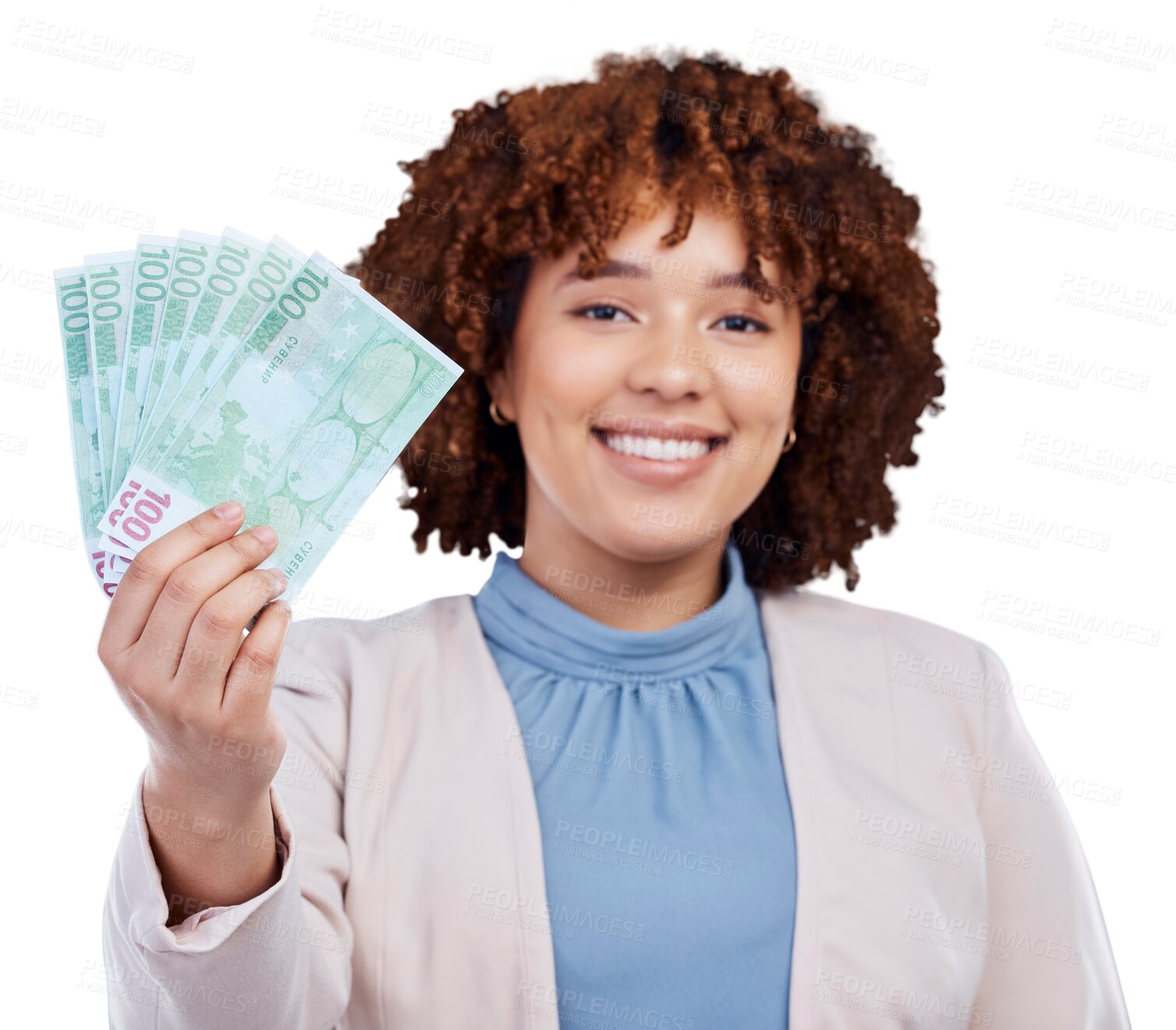 Buy stock photo Money fan, portrait and woman or winner for bonus offer, financial success and winning, finance loan or lottery. African business person with cash and profit isolated on a transparent, png background