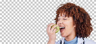 Buy stock photo Medical doctor, apple and a woman eating healthy isolated on a transparent, png background. Healthcare, nutritionist and face of african female worker bite on fruit for health, wellness or clean diet