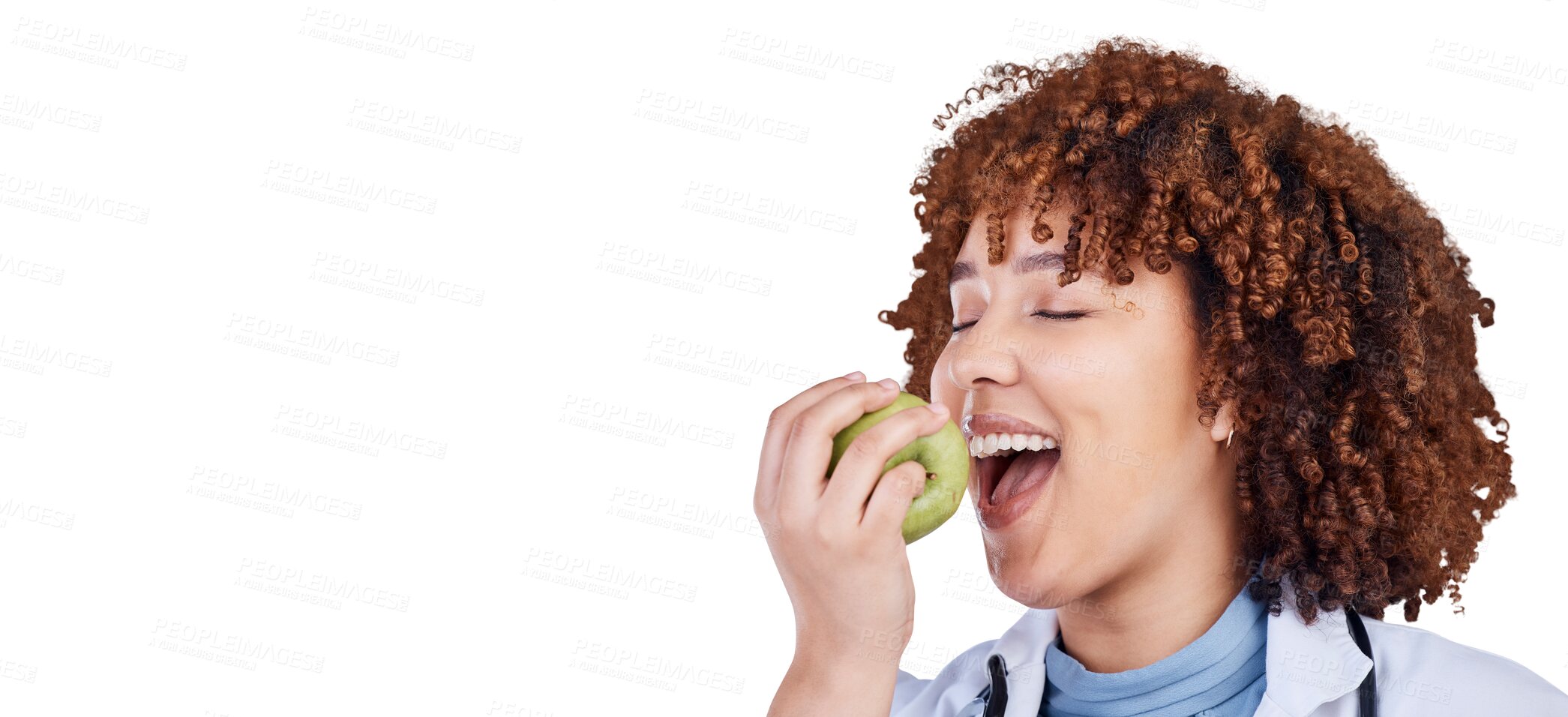 Buy stock photo Medical doctor, apple and a woman eating healthy isolated on a transparent, png background. Healthcare, nutritionist and face of african female worker bite on fruit for health, wellness or clean diet