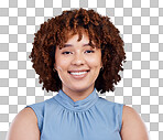 Happy, portrait and corporate woman with afro for a career, professional job or work headshot. Smile, business and face of a female employee looking elegant and isolated on transparent png background