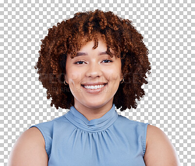 Buy stock photo Happy, portrait and corporate woman with afro for a career, professional job or work headshot. Smile, business and face of a female employee looking elegant and isolated on transparent png background