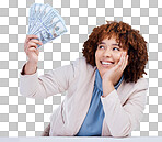 Face, money and woman with cash in studio, mockup or payment fro