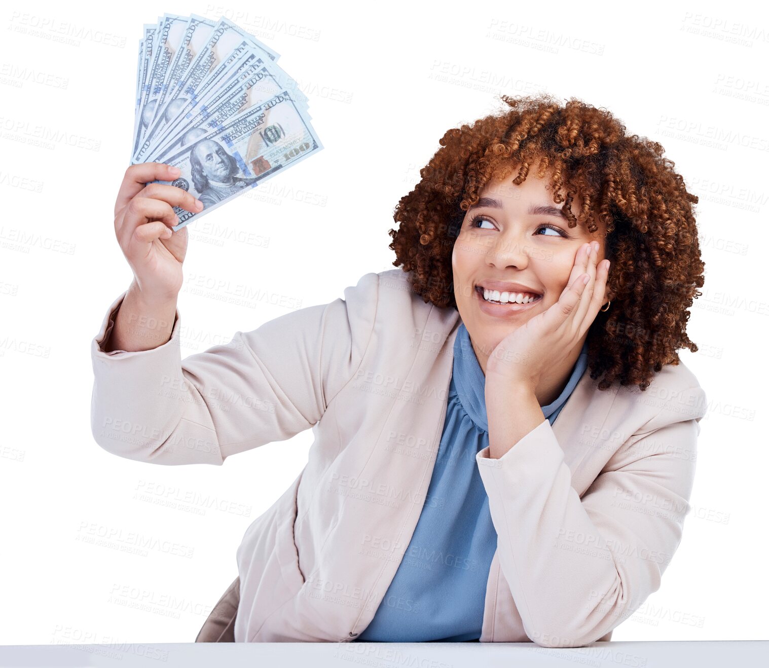 Buy stock photo Money, cash and woman thinking of business investment, financial success and winning, loan or profit ideas. Winner or african person with cash goals and offer isolated on transparent, png background