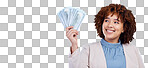 Fan, money and woman isolated on a white background space for wi