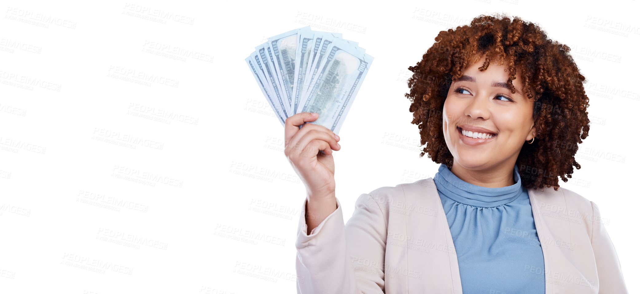 Buy stock photo Money, thinking and business woman or winner with bonus offer, financial success and winning, finance loan or ideas. African person with cash and profit vision isolated on transparent, png background