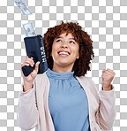 Money, shooting and winning woman isolated on studio background