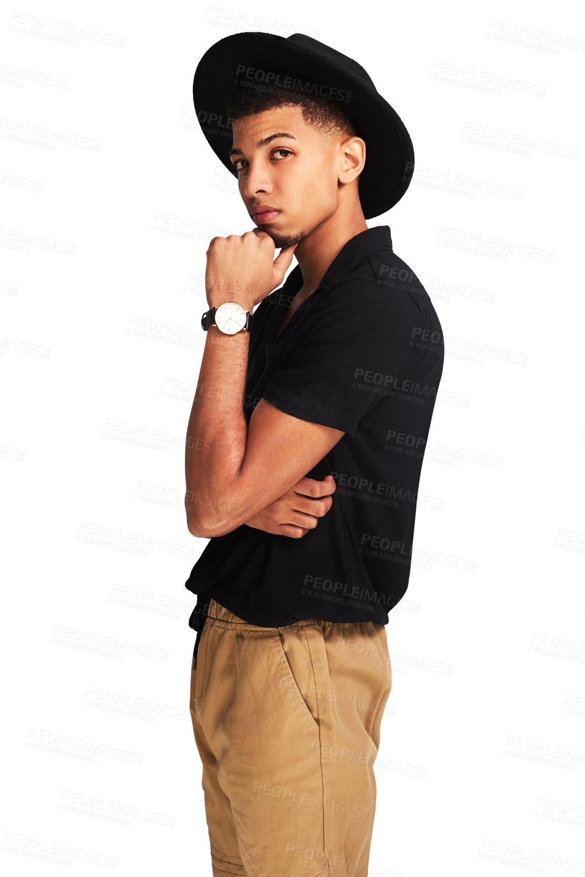 Buy stock photo Portrait, fashion and man with hat posing on isolated, transparent or png background. Face, confidence and guy model in fashionable, trendy and cool clothes, outfit or contemporary, style or attitude