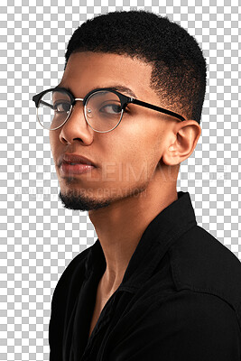 Buy stock photo Face, fashion and serious man with glasses isolated on a transparent png background. Portrait, style and geek, nerd and young male model from South Africa with eyewear, trendy clothes and aesthetic.