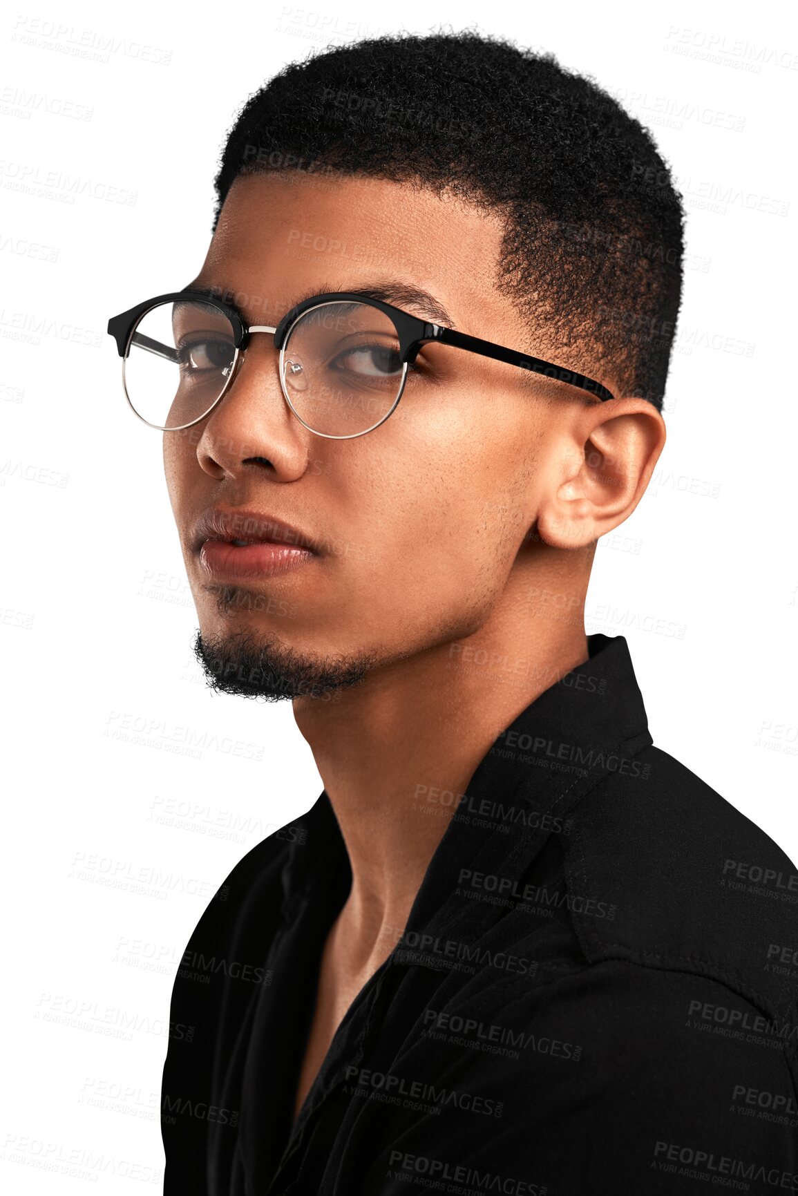 Buy stock photo Face, fashion and serious man with glasses isolated on a transparent png background. Portrait, style and geek, nerd and young male model from South Africa with eyewear, trendy clothes and aesthetic.