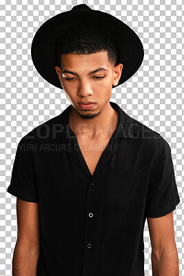 Buy stock photo Fashion, guy and sad with style or worry in png or isolated with transparent background with cool hat. Thinking, depressed and man with trendy clothes for hipster or fail, unhappy and upset.