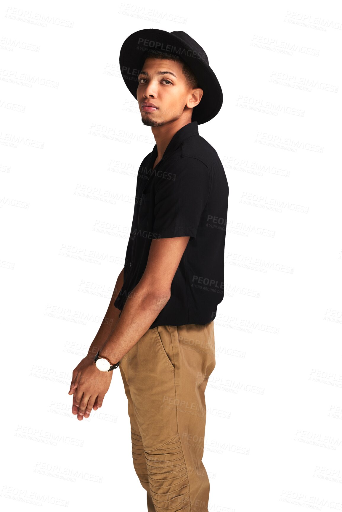 Buy stock photo Portrait, fashion and handsome man with hat isolated on a transparent png background. Serious, young person and male model with fedora from South Africa, cool clothes and trendy outfit for aesthetic