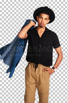 Buy stock photo Fashion, portrait and confident man with hat isolated on a transparent png background. Serious, handsome style and young male model from South Africa with clothes, trendy jacket and hand in pocket.