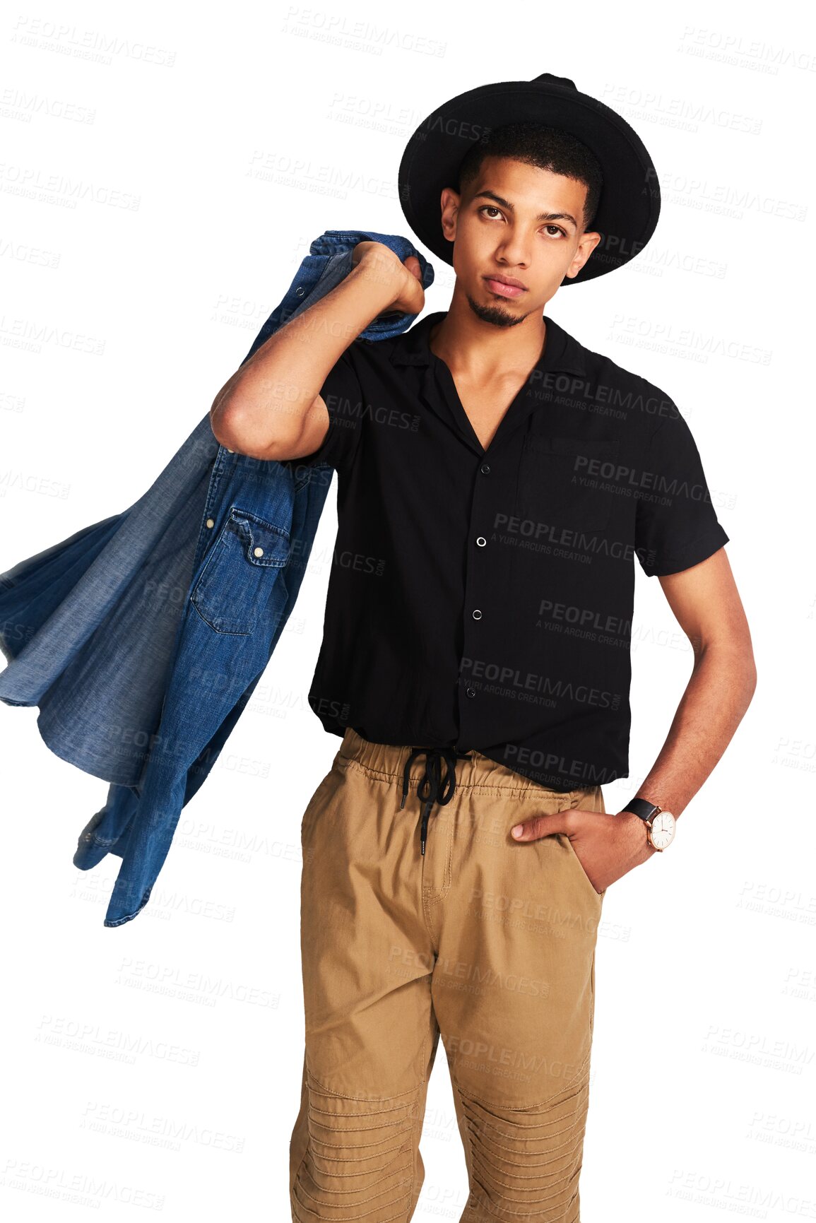 Buy stock photo Fashion, portrait and confident man with hat isolated on a transparent png background. Serious, handsome style and young male model from South Africa with clothes, trendy jacket and hand in pocket.