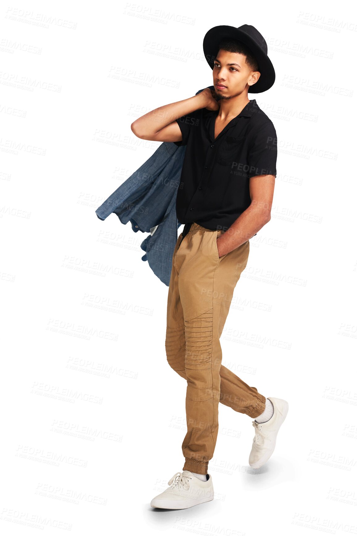 Buy stock photo Fashion, casual and man with a stylish, trendy and cool outfit with a jacket and hipster hat. Confidence, handsome and full body of young male model with style isolated by transparent png background.