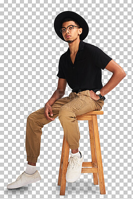 Buy stock photo Handsome, fashion and portrait of a man on a chair for modeling, stylish and fashionable aesthetic. Serious, glasses and a person or model with trendy clothes isolated on a transparent png background