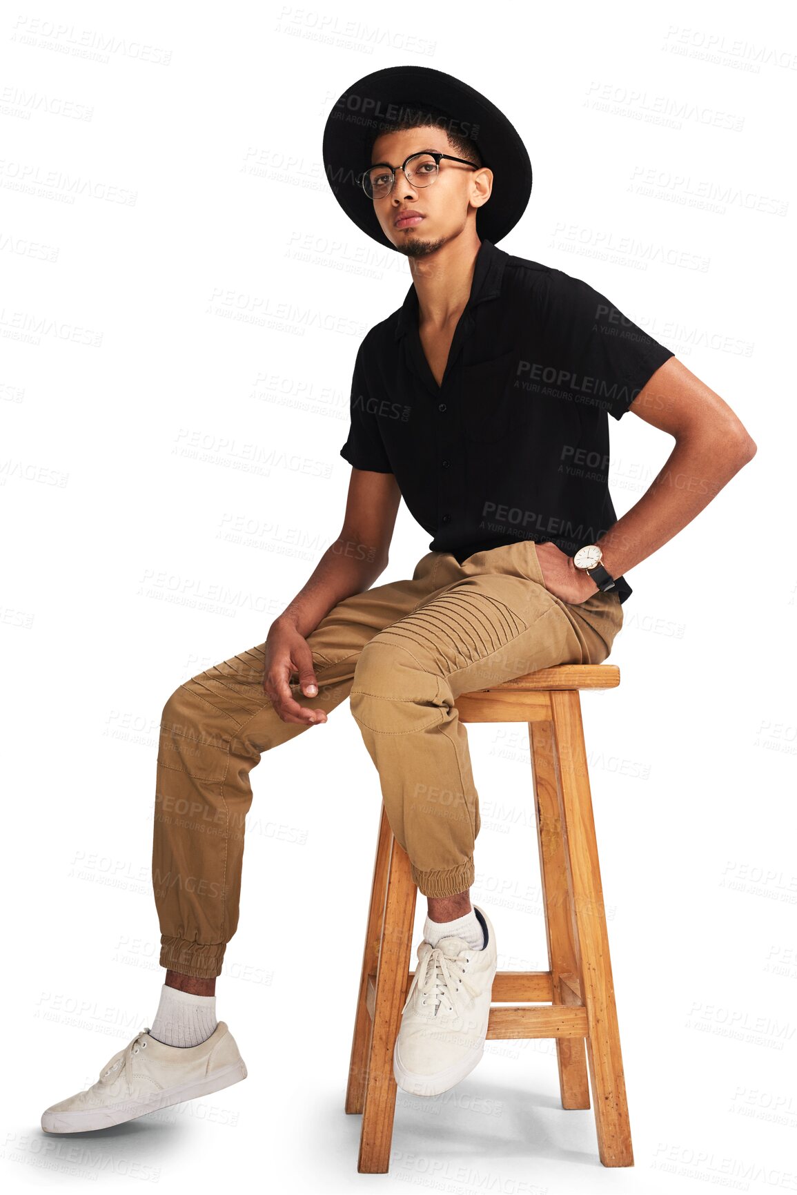 Buy stock photo Handsome, fashion and portrait of a man on a chair for modeling, stylish and fashionable aesthetic. Serious, glasses and a person or model with trendy clothes isolated on a transparent png background