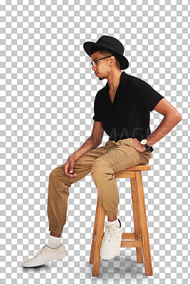 Buy stock photo Hipster, man and a vintage hat for fashion or cool college student with glasses on png, transparent or isolated background. Millennial, style and model on chair with confidence in retro clothing