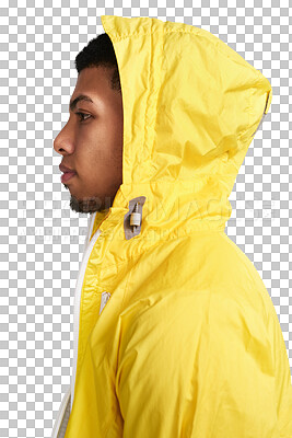 Buy stock photo Side, fashion and man with style, yellow jacket and confidence isolated against a transparent background. Png, male person or guy with casual outfit, comfortable and stylish clothes with serious face