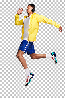 Buy stock photo Isolated man, jump and headphones for fitness, music and training for health by transparent png background. Young gen z runner, air and audio tech for streaming subscription, exercise and wellness