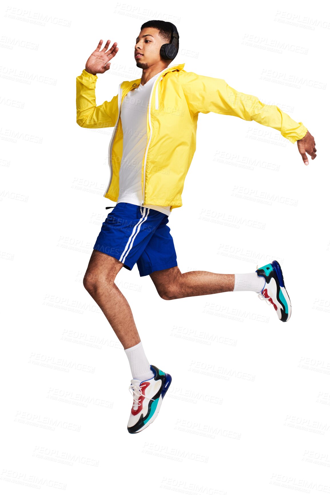 Buy stock photo Isolated man, jump and headphones for fitness, music and training for health by transparent png background. Young gen z runner, air and audio tech for streaming subscription, exercise and wellness