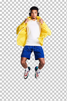 Buy stock photo Jump, stylish and portrait of man with headphones for music, dancer style or retro aesthetic. Cool, jumping and a model dancing with audio and trendy clothes isolated on a transparent png background