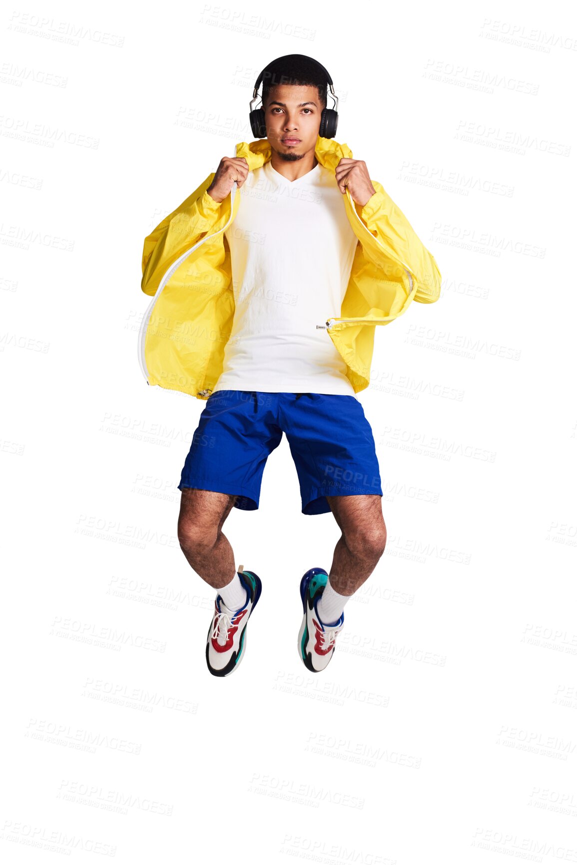 Buy stock photo Jump, stylish and portrait of man with headphones for music, dancer style or retro aesthetic. Cool, jumping and a model dancing with audio and trendy clothes isolated on a transparent png background