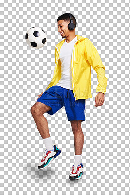 Buy stock photo Isolated young man, juggle soccer ball and headphones with music by transparent png background. Happy football player, kick and listening with audio tech with streaming service, fitness and sports