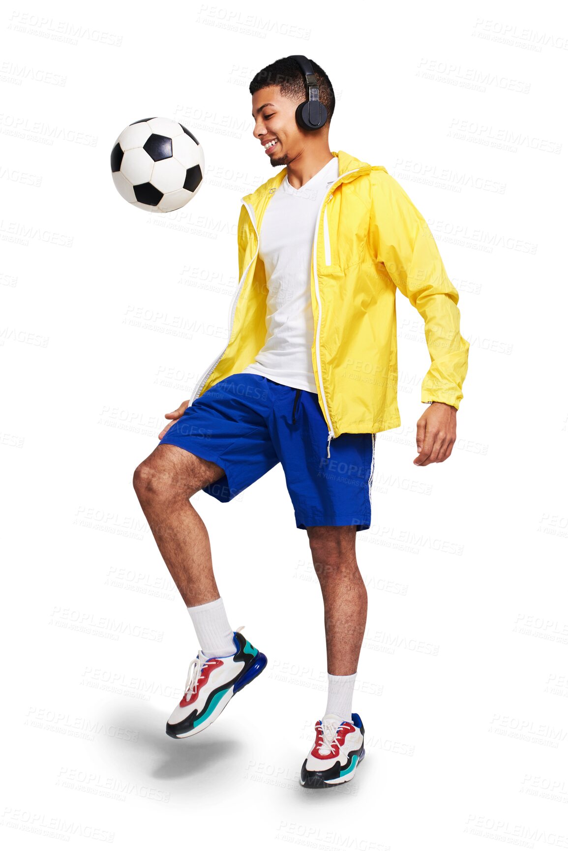 Buy stock photo Isolated young man, juggle soccer ball and headphones with music by transparent png background. Happy football player, kick and listening with audio tech with streaming service, fitness and sports