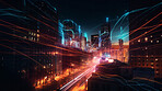 Long exposure, travel or futuristic lights at night in ai generated transport in creative smart city