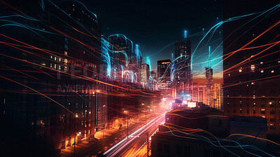 Long exposure, travel or futuristic lights at night in ai generated transport in creative smart city