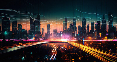 Buy stock photo Long exposure, travel or creative lights at night in ai generated transport in futuristic smart city