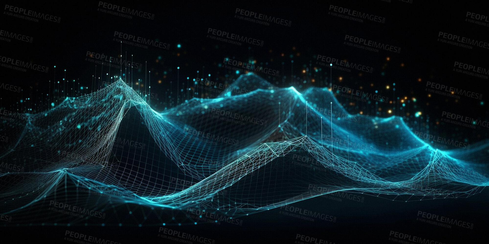 Buy stock photo Grid, waves and networking dynamic pattern on background for frequency and ai generation abstract