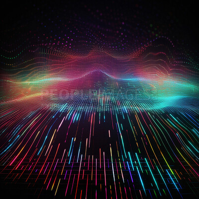Grid, waves and networking rainbow pattern on background for frequency and ai generation abstract