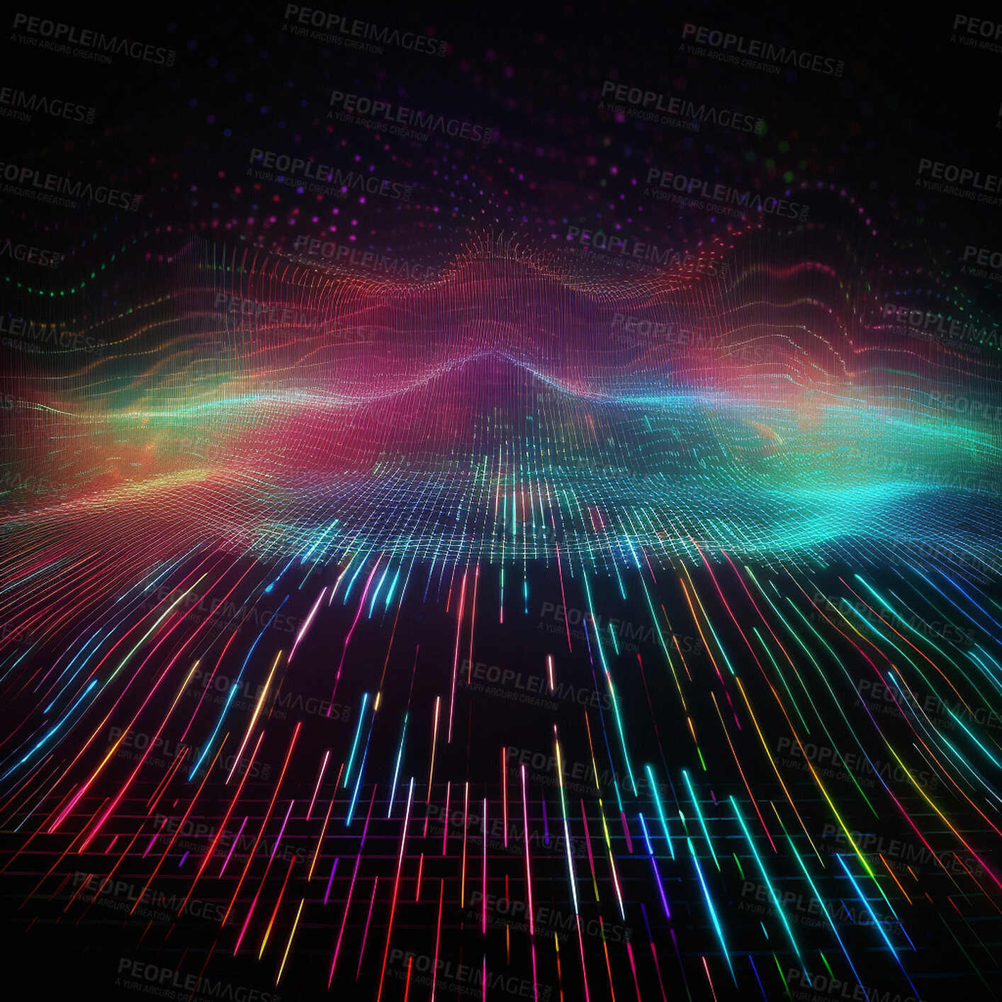 Buy stock photo Grid, waves and networking rainbow pattern on background for frequency and ai generation abstract