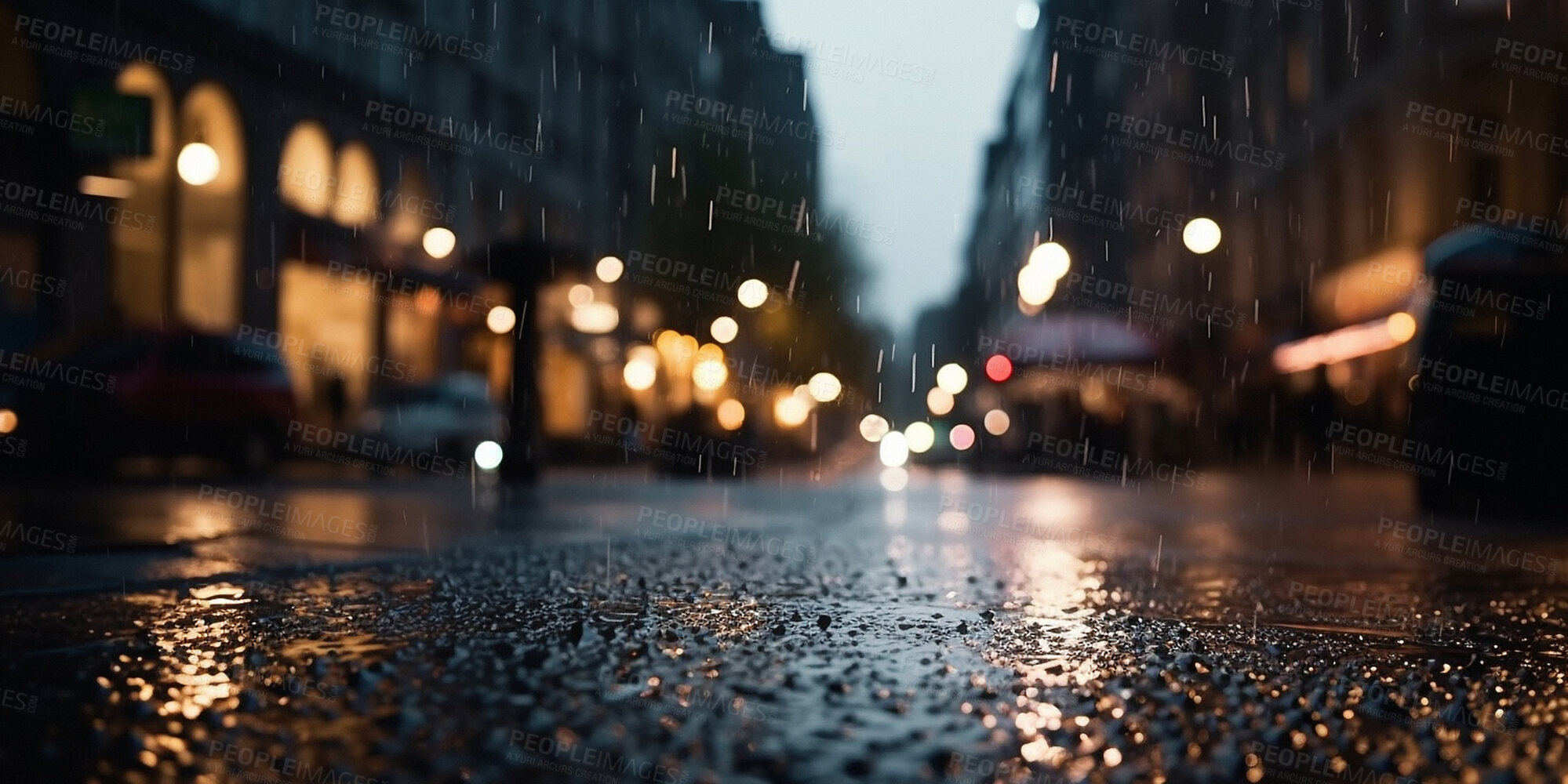 Buy stock photo Rain, street and water on a city background. Ai generated road and storm on urban ground at night