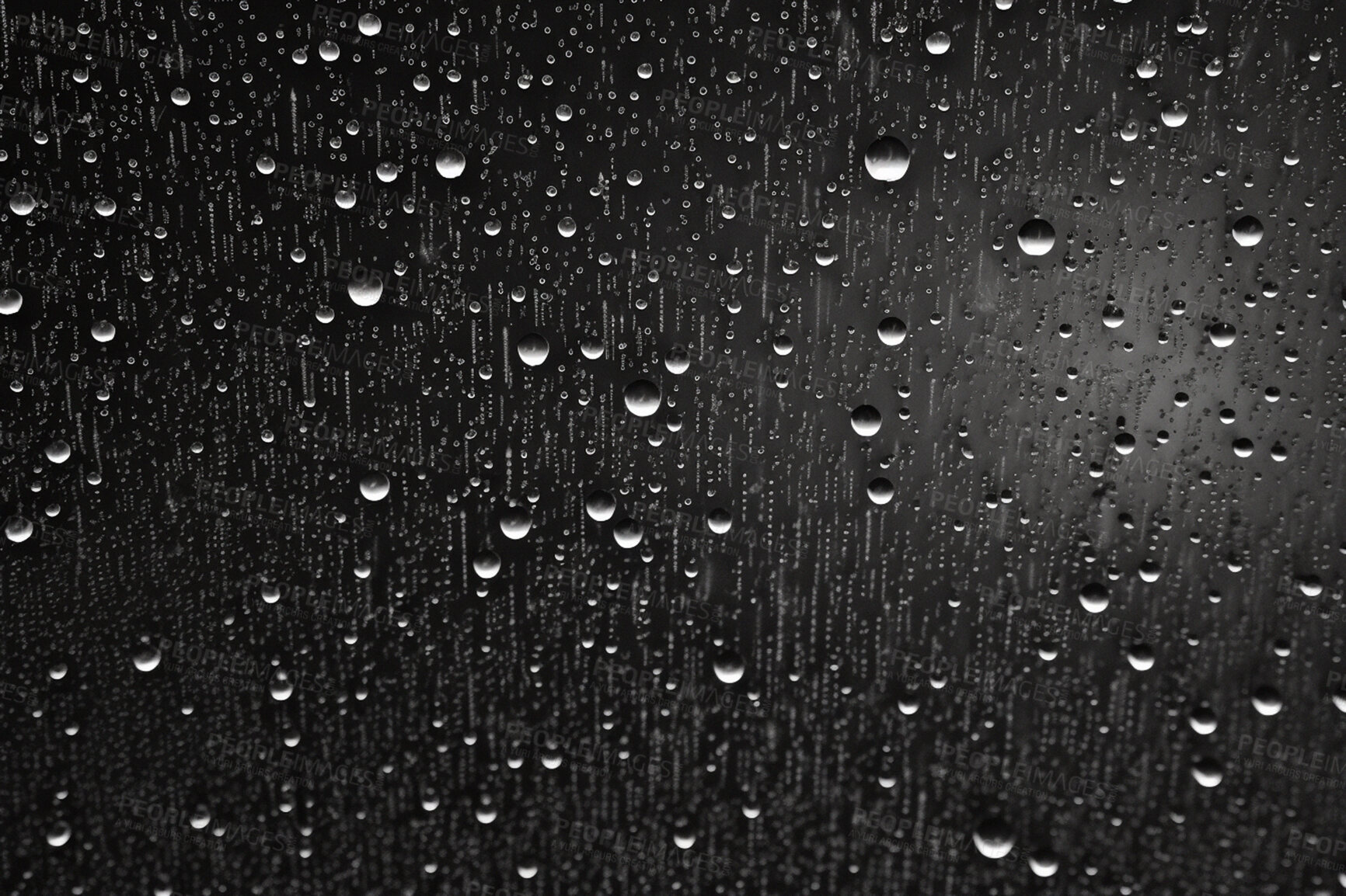 Buy stock photo Rain, water drops and macro of clean liquid for ai generated sustainability on dark background