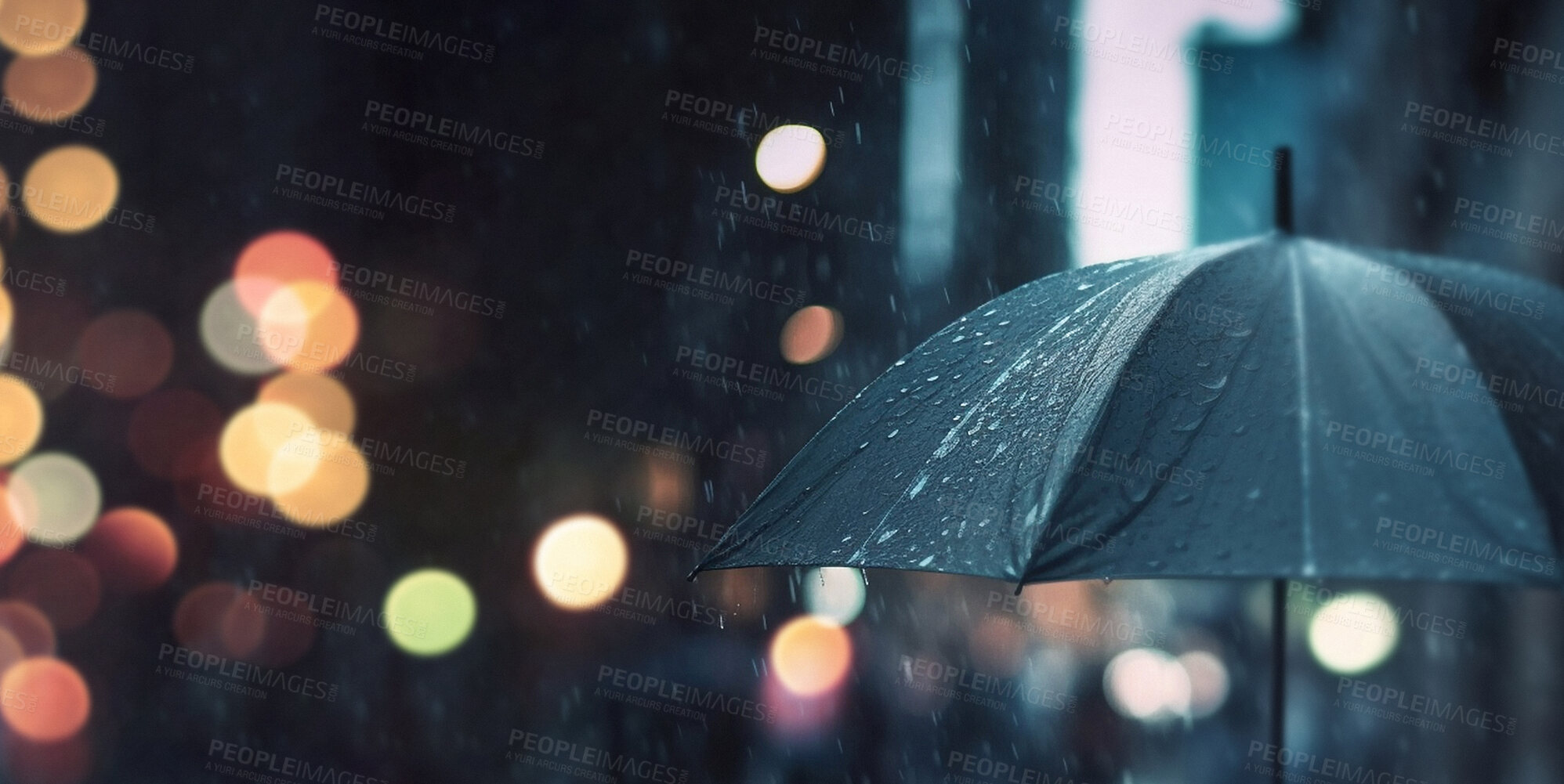 Buy stock photo Rain, umbrella in city with water drops and space. Ai generated storm cover in urban street at night