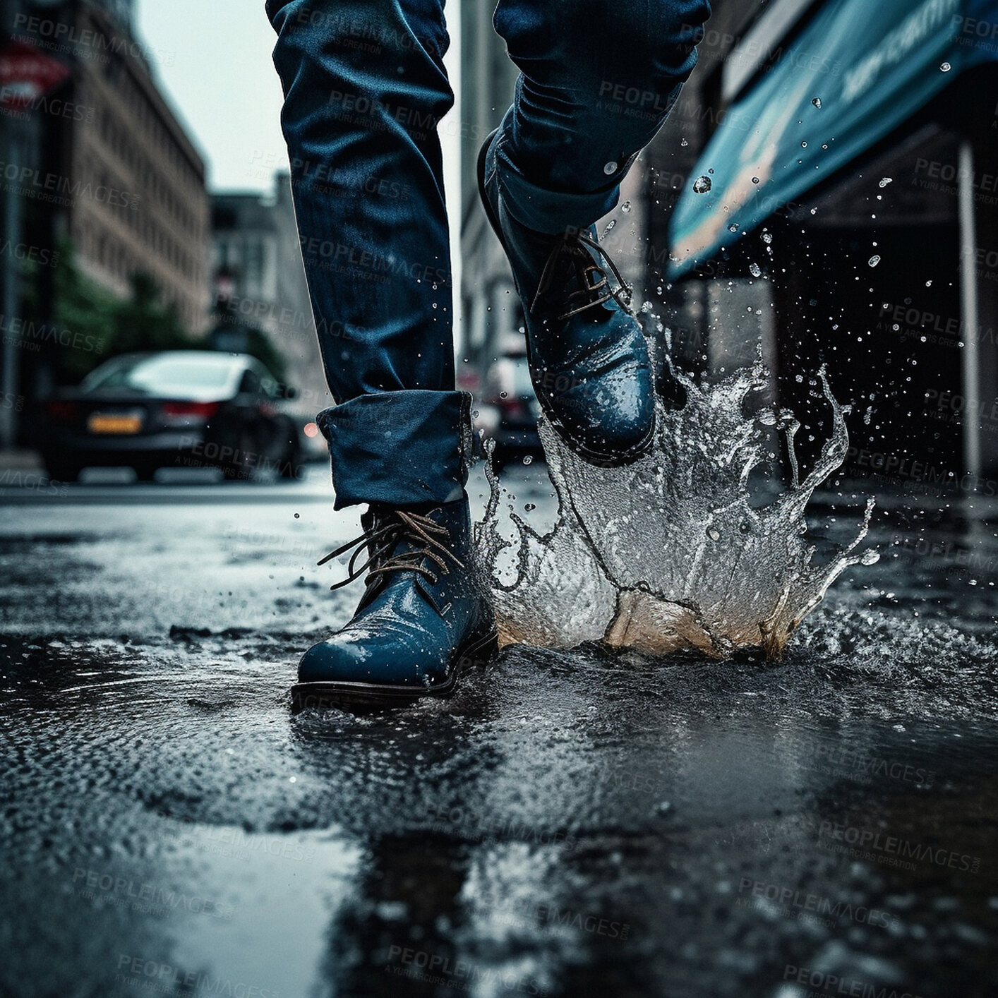 Buy stock photo Rain, walking boots and and water splash in city street. Ai generated shoes of person in urban storm