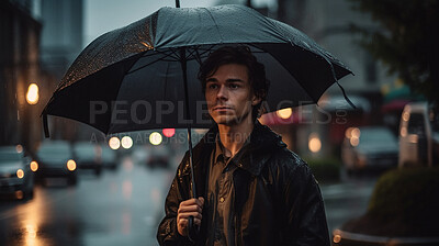 Rain, walking man and umbrella in city street with water drops. Ai generated person in urban storm