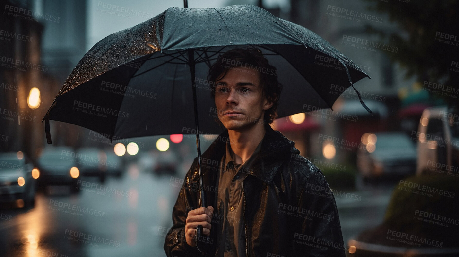 Buy stock photo Rain, walking man and umbrella in city street with water drops. Ai generated person in urban storm