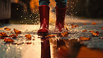 Rain, walking boots and and water splash in autumn street. Ai generated shoes of person in storm