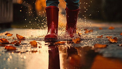 Rain, walking boots and and water splash in autumn street. Ai generated shoes of person in storm