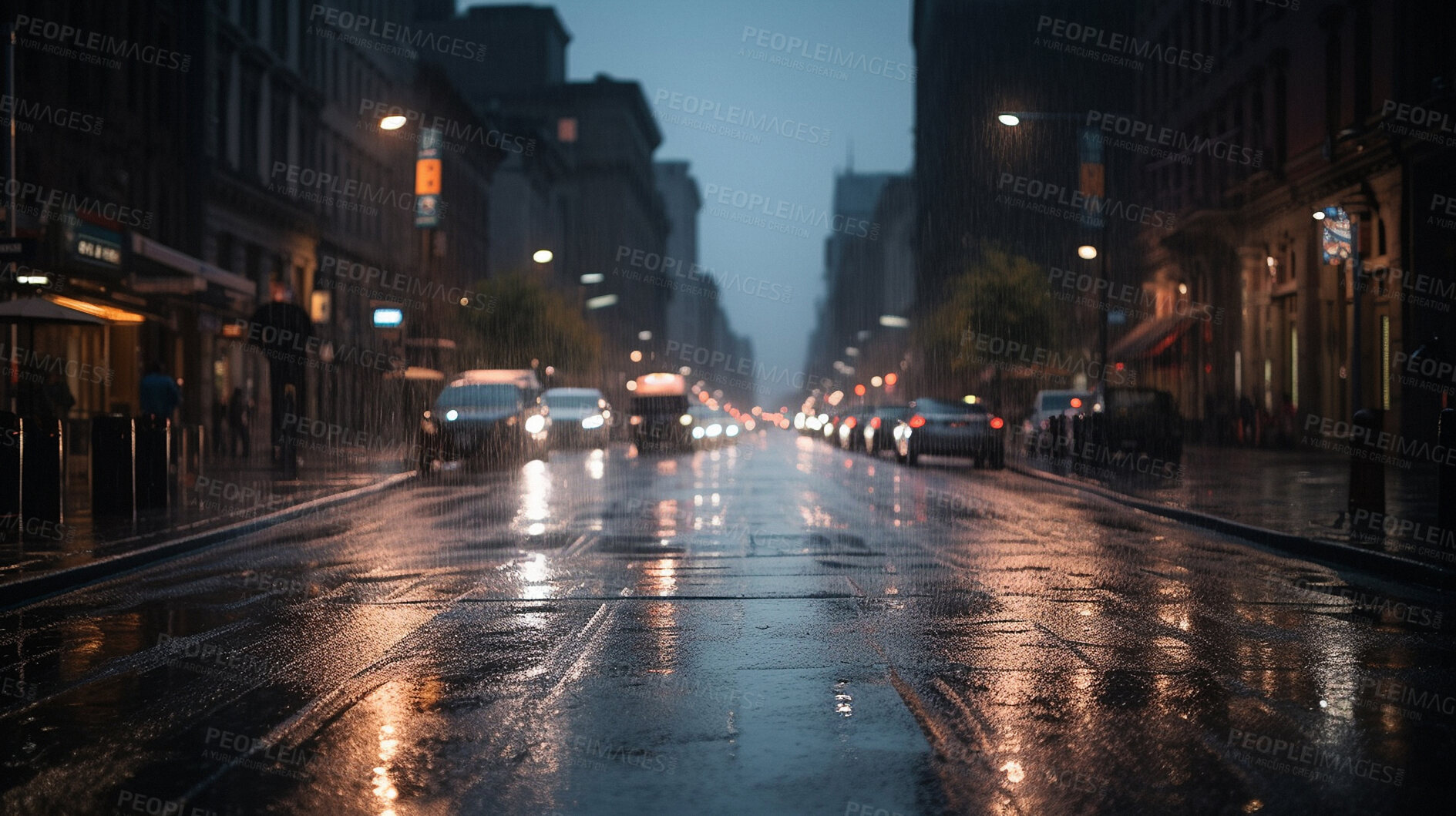 Buy stock photo Rain, street and water on a city background. Ai generated road and storm on urban ground at night