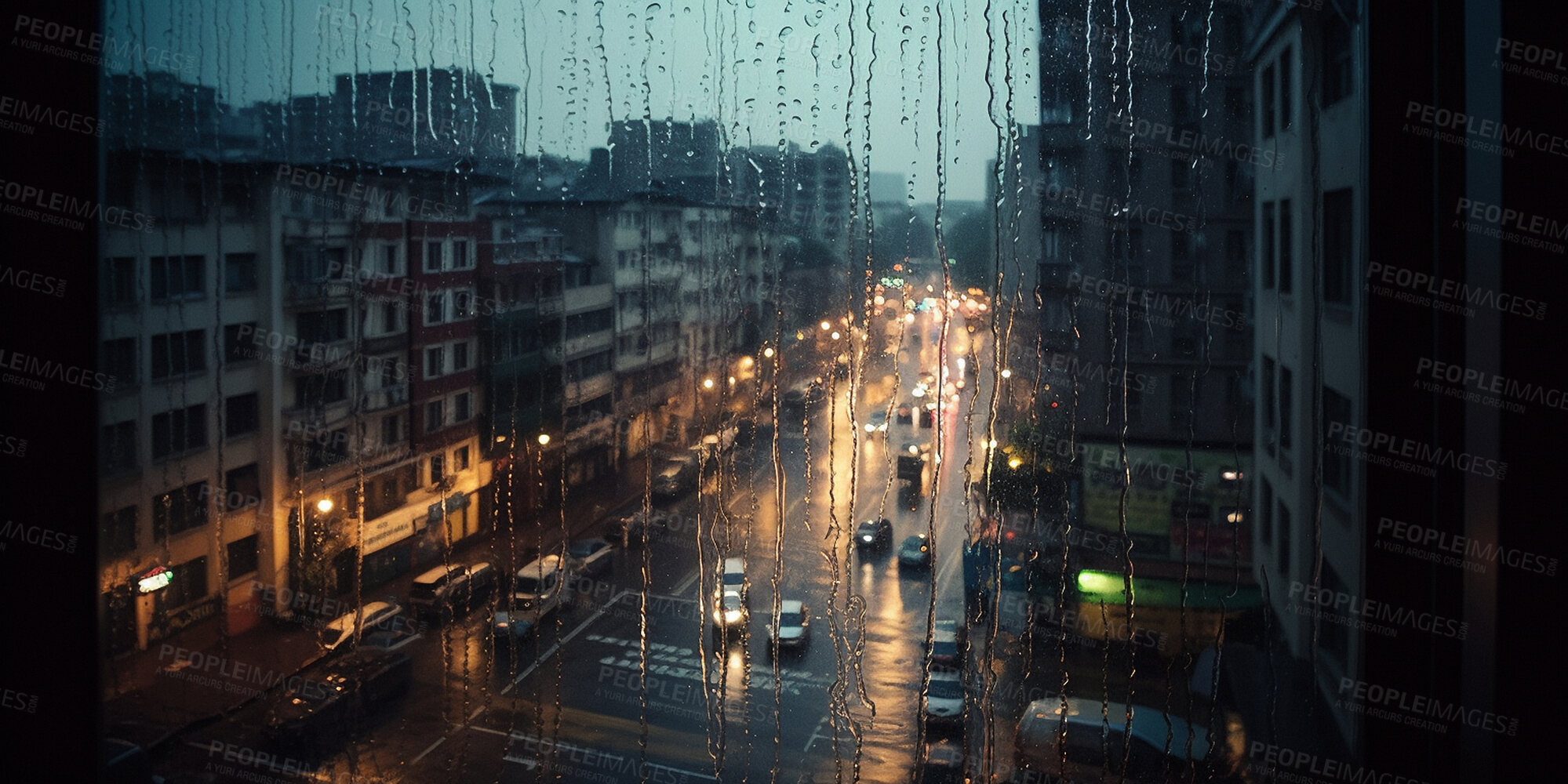 Buy stock photo Rain, window and water drops from city building view. Ai generated glass and storm in urban street