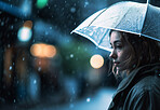 Rain, sad woman and umbrella for water drops. Ai generated person with cover from depression