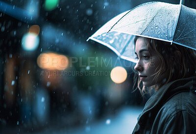 Rain, sad woman and umbrella for water drops. Ai generated person with cover from depression